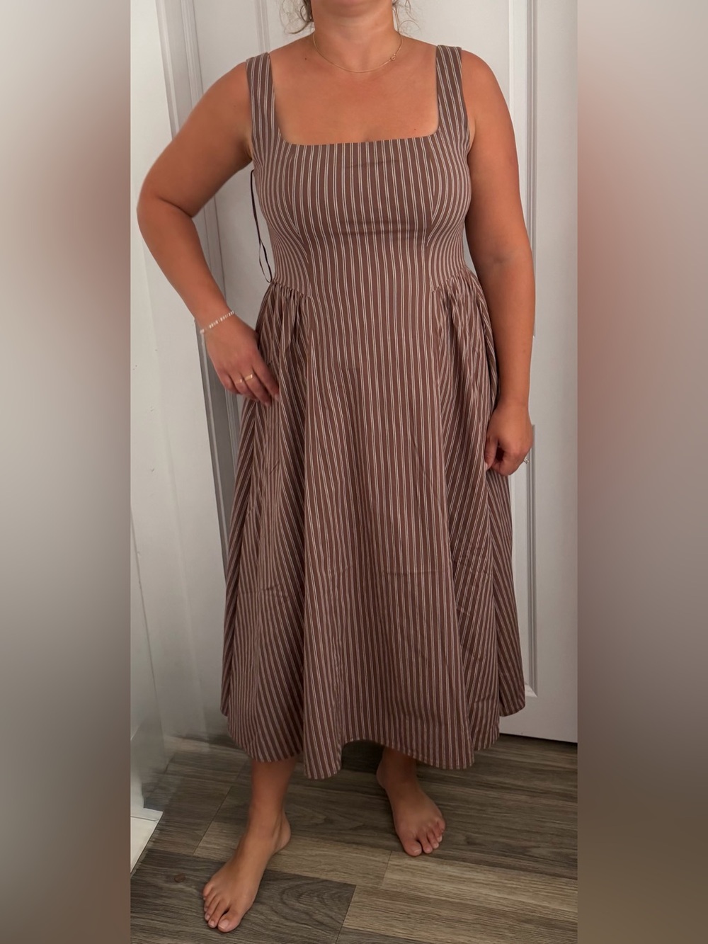 Anthropology Wayf Brown and White Striped A-Line Midi Dress. Size L